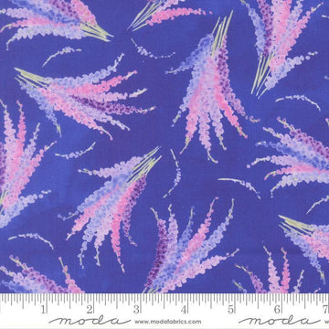 Image of Delphinium Larkspur Agapanthus quilting cotton by Janet Clare for Moda Fabrics. Features flowers on a blue background. Cute Little Fabric Shop.