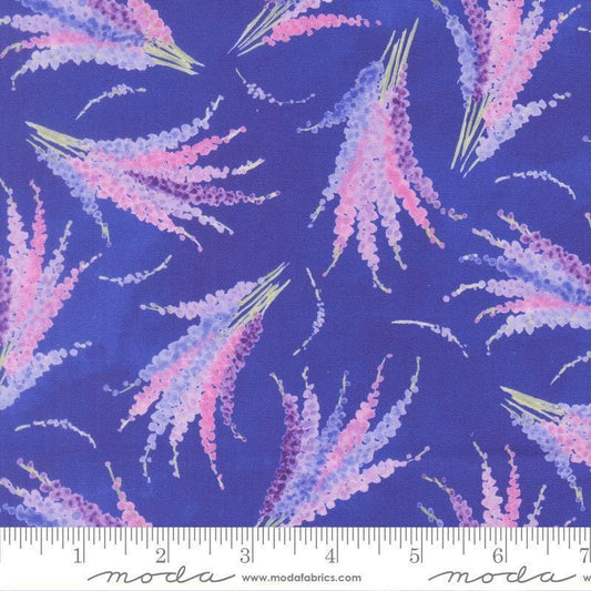 Image of Delphinium Larkspur Agapanthus quilting cotton by Janet Clare for Moda Fabrics. Features flowers on a blue background. Cute Little Fabric Shop.