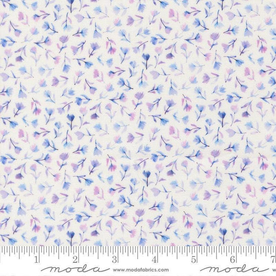 Image of Delphinium Small Floral Snowdrop quilting cotton by Janet Clare for Moda Fabrics. Features flowers on a white background. Cute Little Fabric Shop.