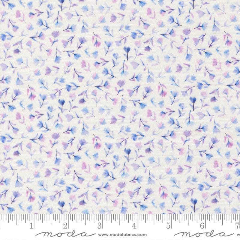 Image of Delphinium Small Floral Snowdrop quilting cotton by Janet Clare for Moda Fabrics. Features flowers on a white background. Cute Little Fabric Shop.
