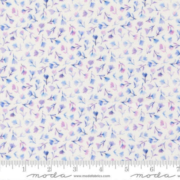 Image of Delphinium Small Floral Snowdrop quilting cotton by Janet Clare for Moda Fabrics. Features flowers on a white background. Cute Little Fabric Shop.