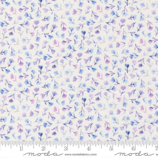 Image of Delphinium Small Floral Snowdrop quilting cotton by Janet Clare for Moda Fabrics. Features flowers on a white background. Cute Little Fabric Shop.