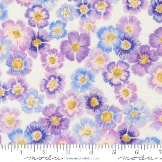Image of Delphinium Auricula Snowdrop quilting cotton by Janet Clare for Moda Fabrics. Features flowers on a white background. Cute Little Fabric Shop.