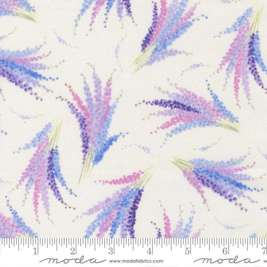 Image of Delphinium Larkspur Snowdrop quilting cotton by Janet Clare for Moda Fabrics. Features flowers on a white background. Cute Little Fabric Shop.