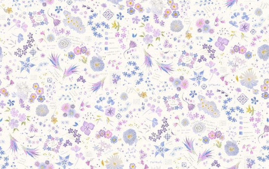 Image of Delphinium Collage Snowdrop quilting cotton by Janet Clare for Moda Fabrics. Features flowers on a white background. Cute Little Fabric Shop.