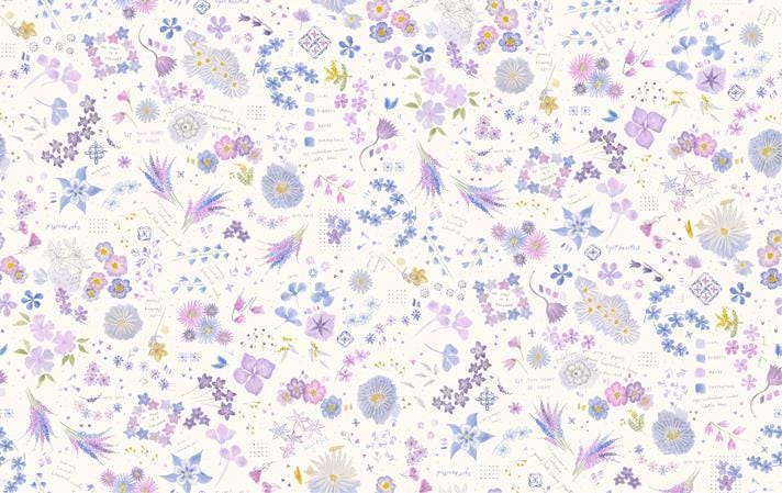 Image of Delphinium Collage Snowdrop quilting cotton by Janet Clare for Moda Fabrics. Features flowers on a white background. Cute Little Fabric Shop.