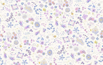 Image of Delphinium Collage Snowdrop quilting cotton by Janet Clare for Moda Fabrics. Features flowers on a white background. Cute Little Fabric Shop.