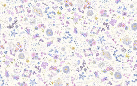 Image of Delphinium Collage Snowdrop quilting cotton by Janet Clare for Moda Fabrics. Features flowers on a white background. Cute Little Fabric Shop.