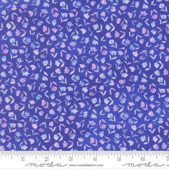 Image of Delphinium Small Floral Agapanthus quilting cotton by Janet Clare for Moda Fabrics. Features flowers on a blue background. Cute Little Fabric Shop.