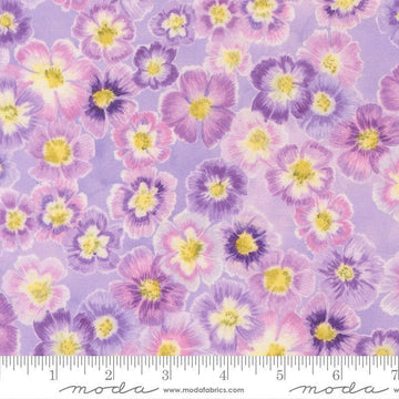 Image of Delphinium Auricula Mauve quilting cotton by Janet Clare for Moda Fabrics. Features flowers on a purple background. Cute Little Fabric Shop.
