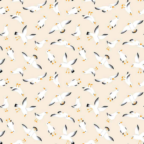 Image of By The Seashore Seagulls Light Tan quilting cotton fabric by Claire Holliday, Features birds on a beige Background. Cute Little Fabric Shop.