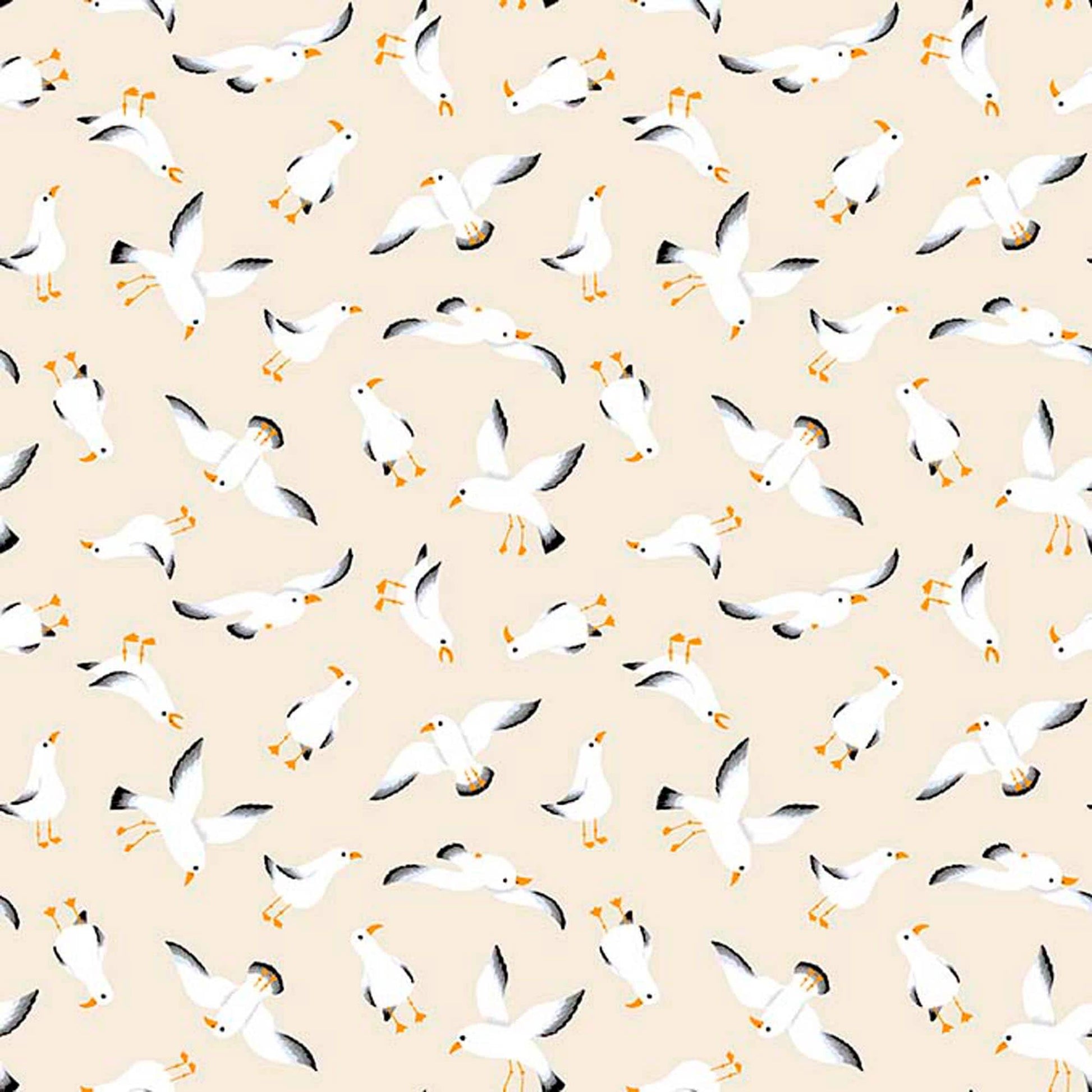 Image of By The Seashore Seagulls Light Tan quilting cotton fabric by Claire Holliday, Features birds on a beige Background. Cute Little Fabric Shop.