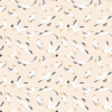 Image of By The Seashore Seagulls Light Tan quilting cotton fabric by Claire Holliday, Features birds on a beige Background. Cute Little Fabric Shop.