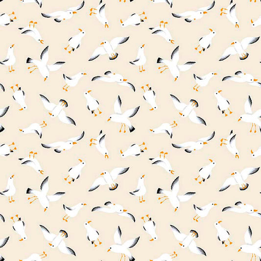 Image of By The Seashore Seagulls Light Tan quilting cotton fabric by Claire Holliday, Features birds on a beige Background. Cute Little Fabric Shop.