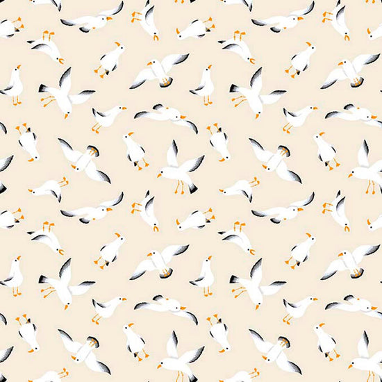 Image of By The Seashore Seagulls Light Tan quilting cotton fabric by Claire Holliday, Features birds on a beige Background. Cute Little Fabric Shop.