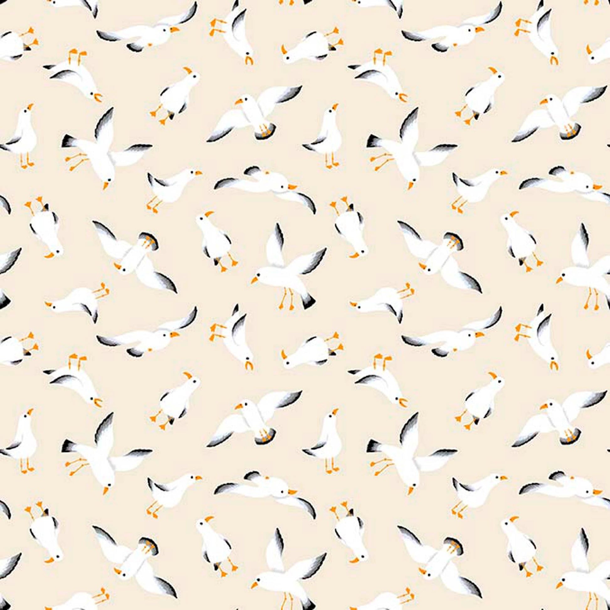Image of By The Seashore Seagulls Light Tan quilting cotton fabric by Claire Holliday, Features birds on a beige Background. Cute Little Fabric Shop.