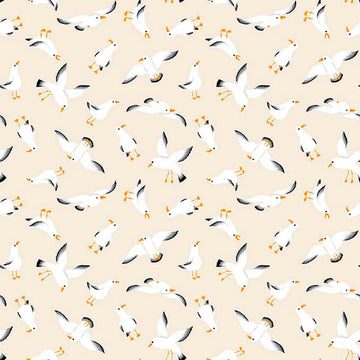 Image of By The Seashore Seagulls Light Tan quilting cotton fabric by Claire Holliday, Features birds on a beige Background. Cute Little Fabric Shop.