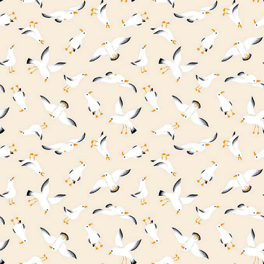 Image of By The Seashore Seagulls Light Tan quilting cotton fabric by Claire Holliday, Features birds on a beige Background. Cute Little Fabric Shop.