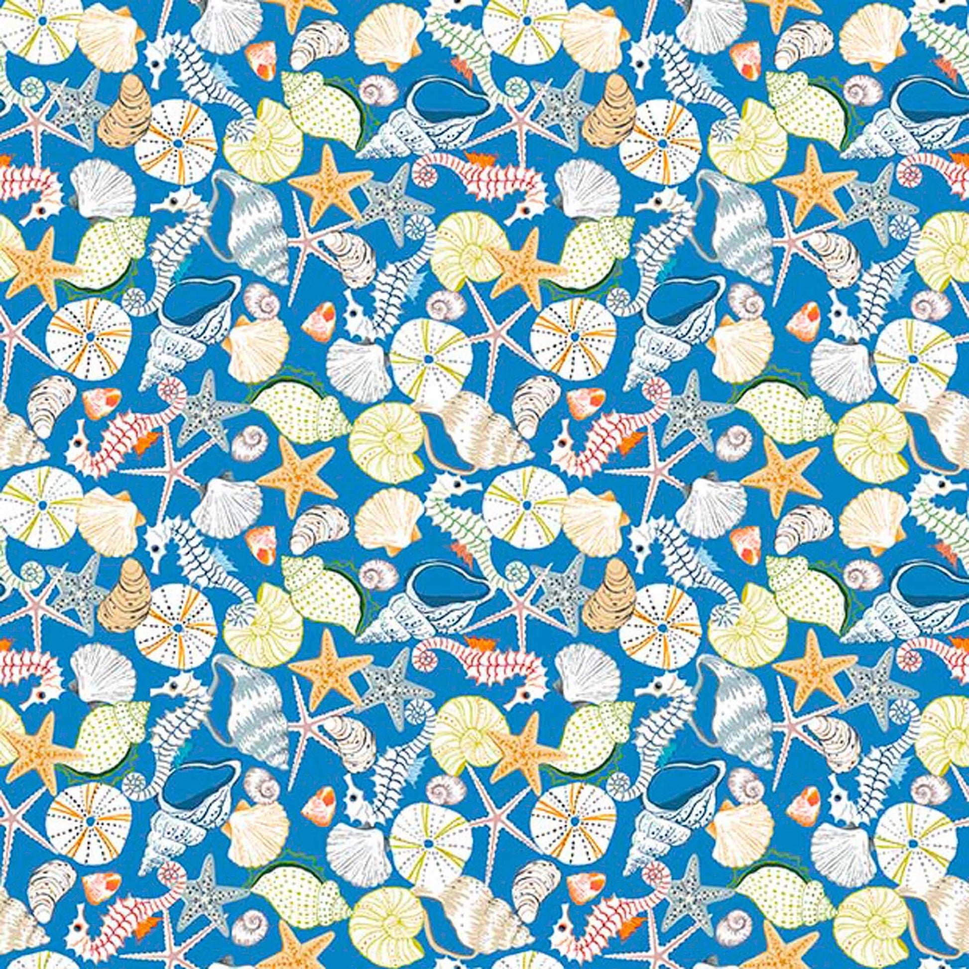 Image of By The Seashore Seashells Blue quilting cotton fabric by Claire Holliday, Features seashells on a blue Background. Cute Little Fabric Shop.