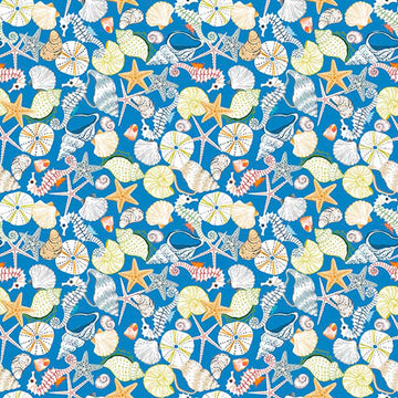Image of By The Seashore Seashells Blue quilting cotton fabric by Claire Holliday, Features seashells on a blue Background. Cute Little Fabric Shop.
