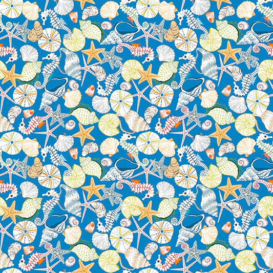 Image of By The Seashore Seashells Blue quilting cotton fabric by Claire Holliday, Features seashells on a blue Background. Cute Little Fabric Shop.