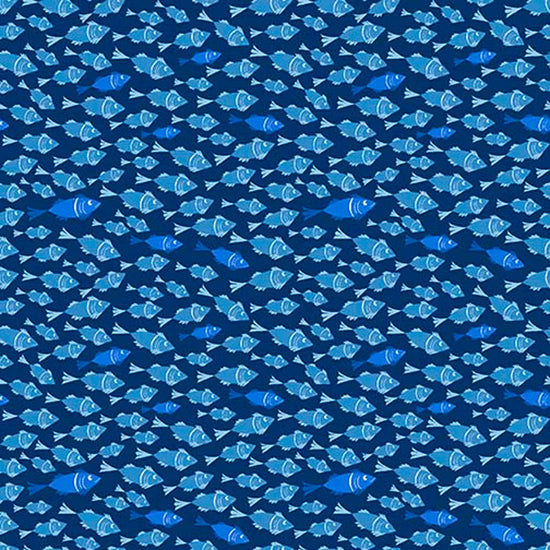 Image of By The Seashore Little Fish Dark Blue quilting cotton fabric by Claire Holliday, Features fish on a blue Background. Cute Little Fabric Shop.