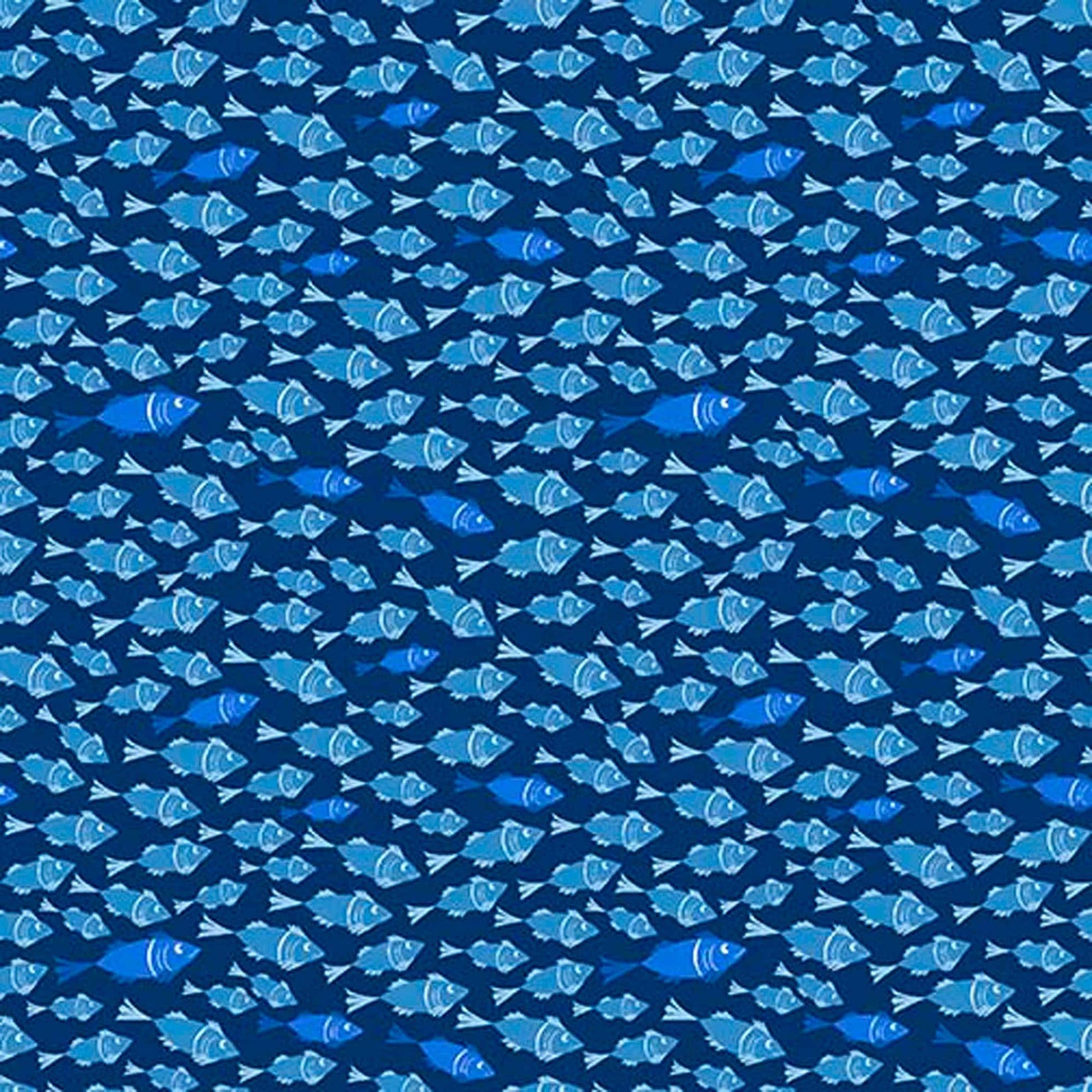 Image of By The Seashore Little Fish Dark Blue quilting cotton fabric by Claire Holliday, Features fish on a blue Background. Cute Little Fabric Shop.