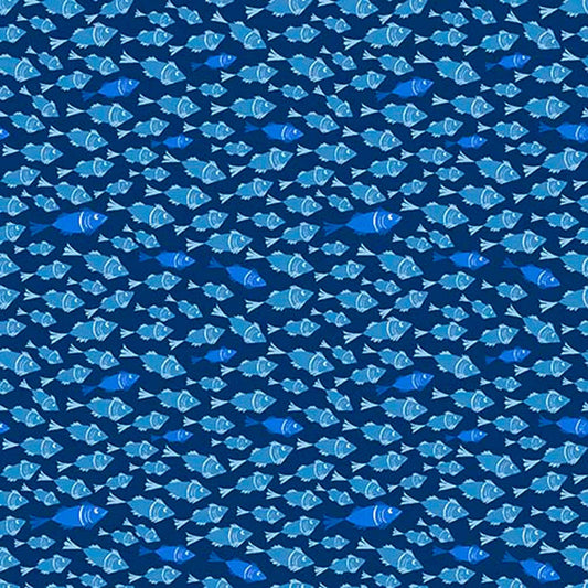 Image of By The Seashore Little Fish Dark Blue quilting cotton fabric by Claire Holliday, Features fish on a blue Background. Cute Little Fabric Shop.