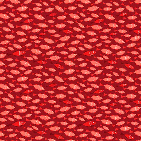 Image of By The Seashore Little Fish Red quilting cotton fabric by Claire Holliday, Features fish on a red background. Cute Little Fabric Shop.