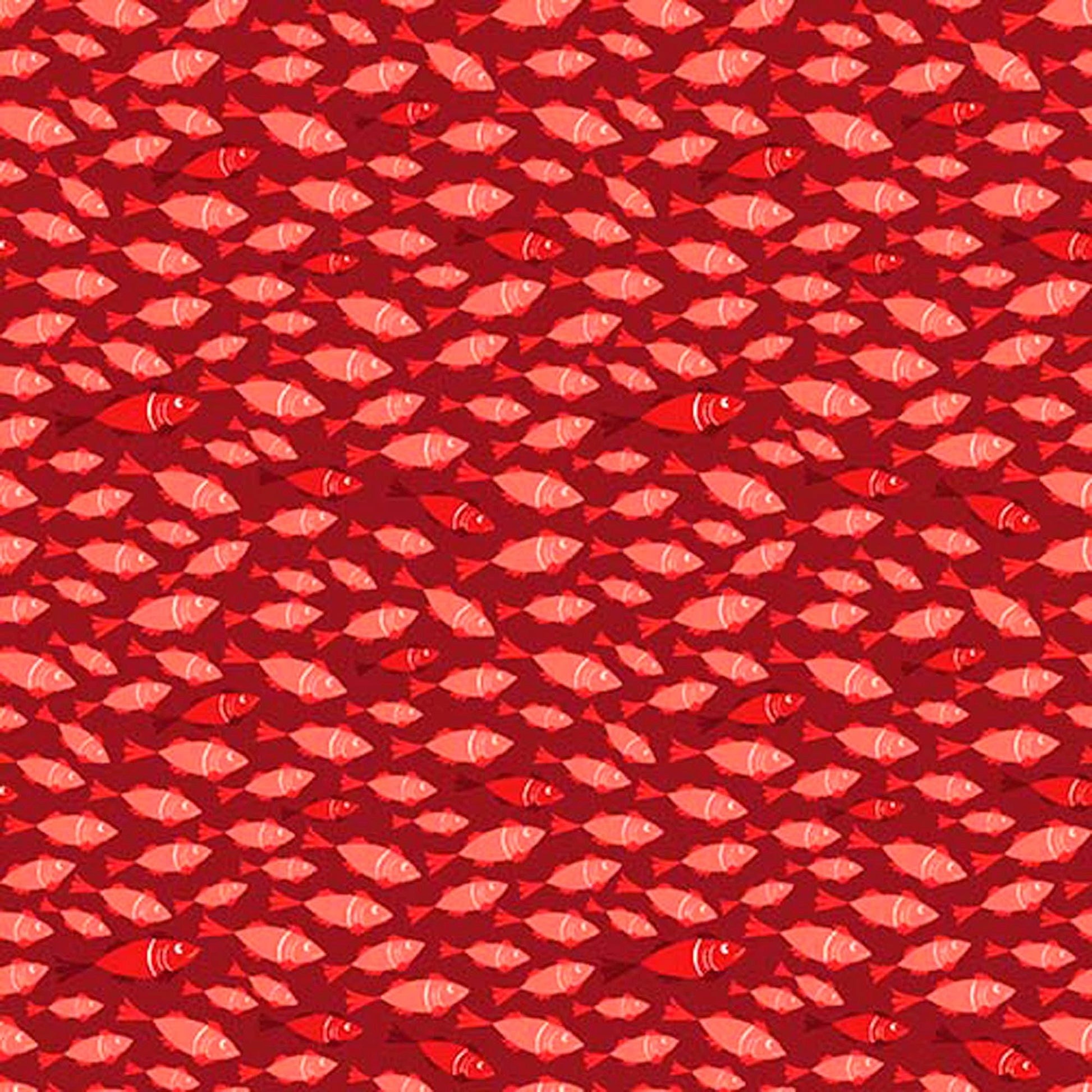 Image of By The Seashore Little Fish Red quilting cotton fabric by Claire Holliday, Features fish on a red background. Cute Little Fabric Shop.