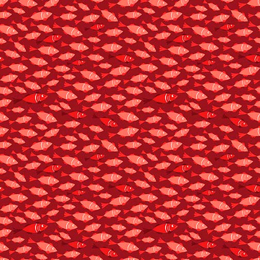 Image of By The Seashore Little Fish Red quilting cotton fabric by Claire Holliday, Features fish on a red background. Cute Little Fabric Shop.