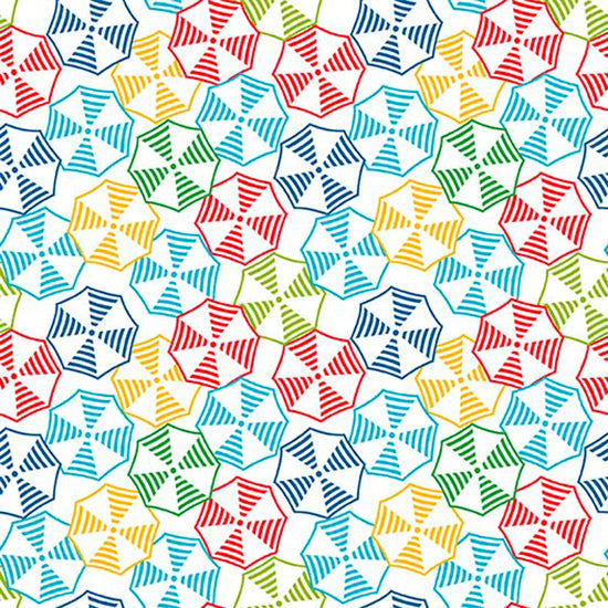 Image of By The Seashore Umbrellas Multi quilting cotton fabric by Claire Holliday, Features circles on a blue Background. Cute Little Fabric Shop.