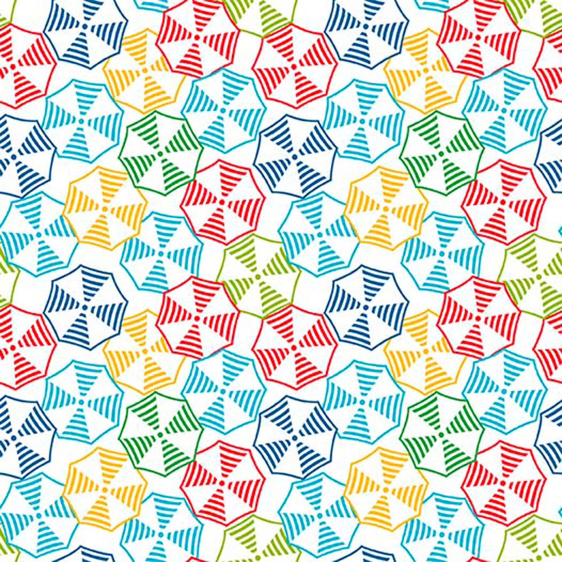 Image of By The Seashore Umbrellas Multi quilting cotton fabric by Claire Holliday, Features circles on a blue Background. Cute Little Fabric Shop.