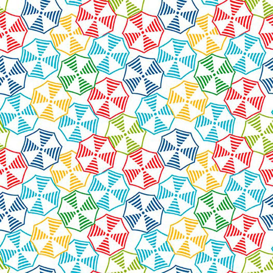 Image of By The Seashore Umbrellas Multi quilting cotton fabric by Claire Holliday, Features circles on a blue Background. Cute Little Fabric Shop.