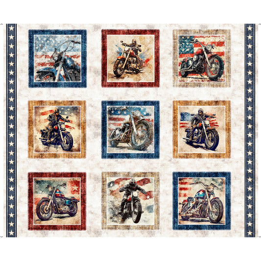 Stars, Stripes, & Steel Motorcycle Picture Patches Multi Cream Patriotic Fabric - 31695 - QT Fabrics Quilting Cotton Fabric