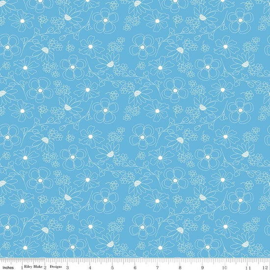 Image of Painted Petals Outlined Flowers Blue quilting cotton fabric by Lila Tueller for Riley Blake Designs. Features flowers on a blue background. Cute Little Fabric Shop.