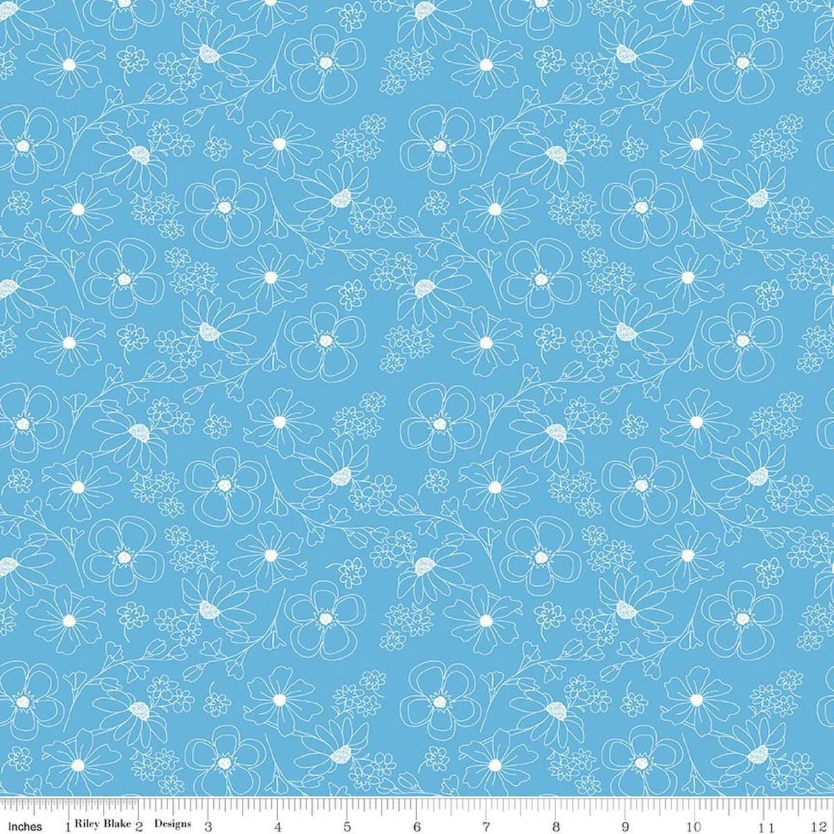 Image of Painted Petals Outlined Flowers Blue quilting cotton fabric by Lila Tueller for Riley Blake Designs. Features flowers on a blue background. Cute Little Fabric Shop.