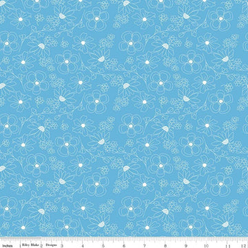 Image of Painted Petals Outlined Flowers Blue quilting cotton fabric by Lila Tueller for Riley Blake Designs. Features flowers on a blue background. Cute Little Fabric Shop.