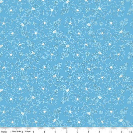 Image of Painted Petals Outlined Flowers Blue quilting cotton fabric by Lila Tueller for Riley Blake Designs. Features flowers on a blue background. Cute Little Fabric Shop.