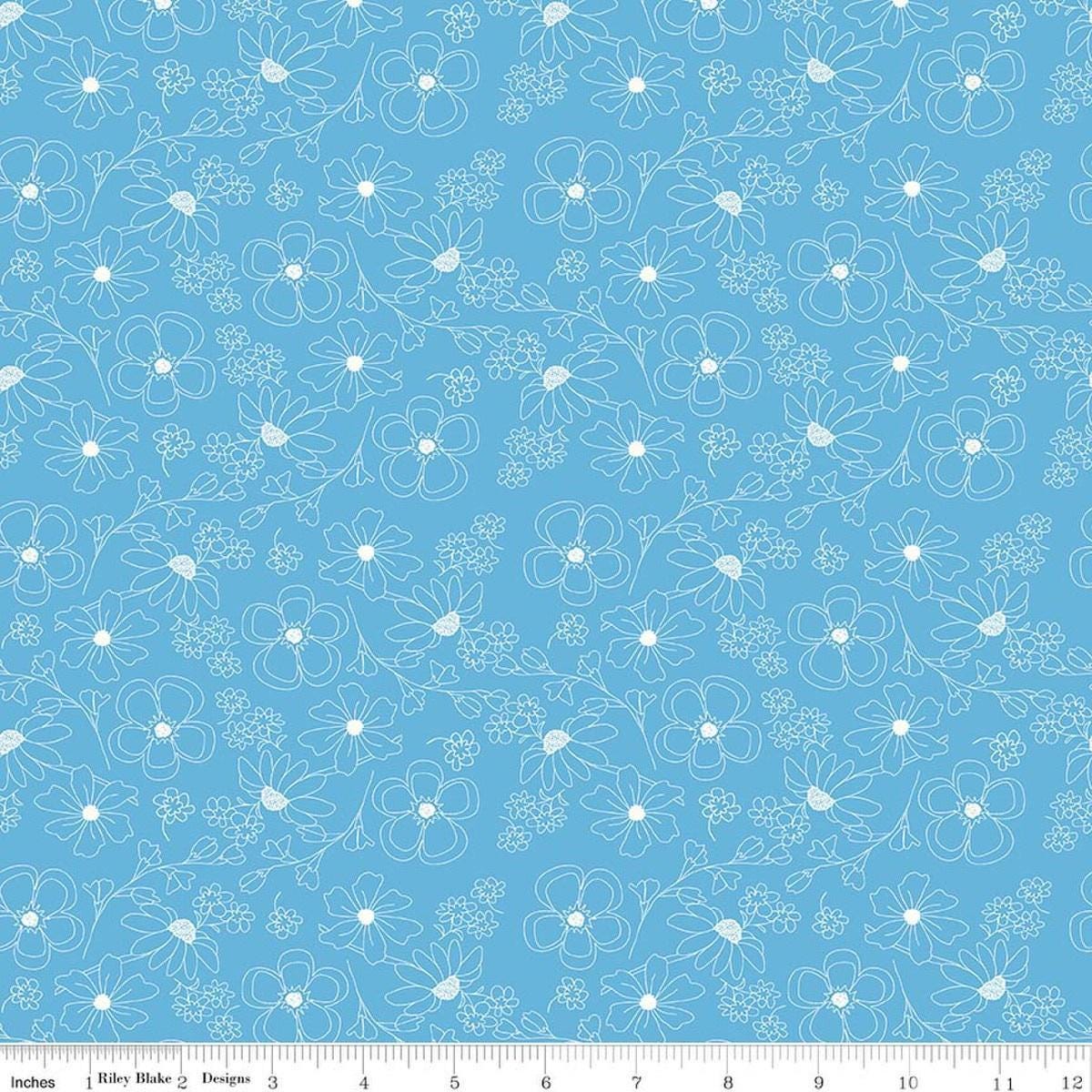 Image of Painted Petals Outlined Flowers Blue quilting cotton fabric by Lila Tueller for Riley Blake Designs. Features flowers on a blue background. Cute Little Fabric Shop.