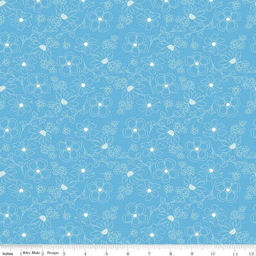 Image of Painted Petals Outlined Flowers Blue quilting cotton fabric by Lila Tueller for Riley Blake Designs. Features flowers on a blue background. Cute Little Fabric Shop.