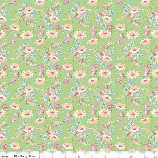Image of Painted Petals Bouquets Green quilting cotton fabric by Lila Tueller for Riley Blake Designs. Features flowers on a green background. Cute Little Fabric Shop.