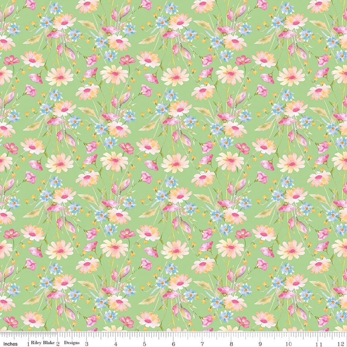 Image of Painted Petals Bouquets Green quilting cotton fabric by Lila Tueller for Riley Blake Designs. Features flowers on a green background. Cute Little Fabric Shop.