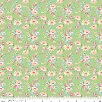 Image of Painted Petals Bouquets Green quilting cotton fabric by Lila Tueller for Riley Blake Designs. Features flowers on a green background. Cute Little Fabric Shop.