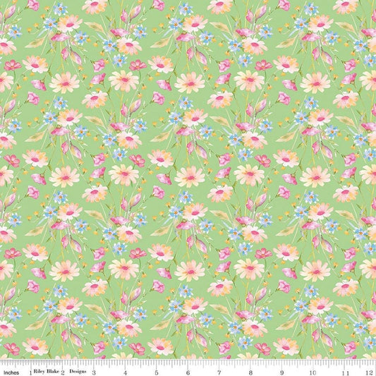 Image of Painted Petals Bouquets Green quilting cotton fabric by Lila Tueller for Riley Blake Designs. Features flowers on a green background. Cute Little Fabric Shop.
