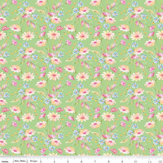 Image of Painted Petals Bouquets Green quilting cotton fabric by Lila Tueller for Riley Blake Designs. Features flowers on a green background. Cute Little Fabric Shop.