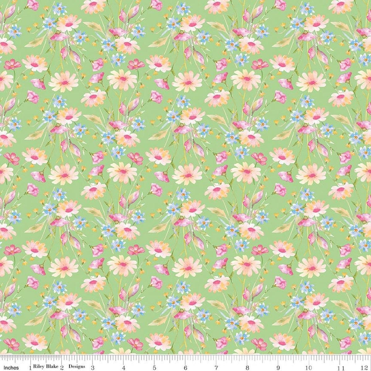 Image of Painted Petals Bouquets Green quilting cotton fabric by Lila Tueller for Riley Blake Designs. Features flowers on a green background. Cute Little Fabric Shop.