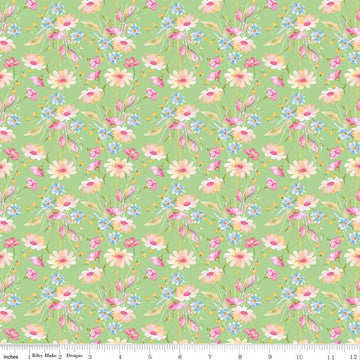 Image of Painted Petals Bouquets Green quilting cotton fabric by Lila Tueller for Riley Blake Designs. Features flowers on a green background. Cute Little Fabric Shop.
