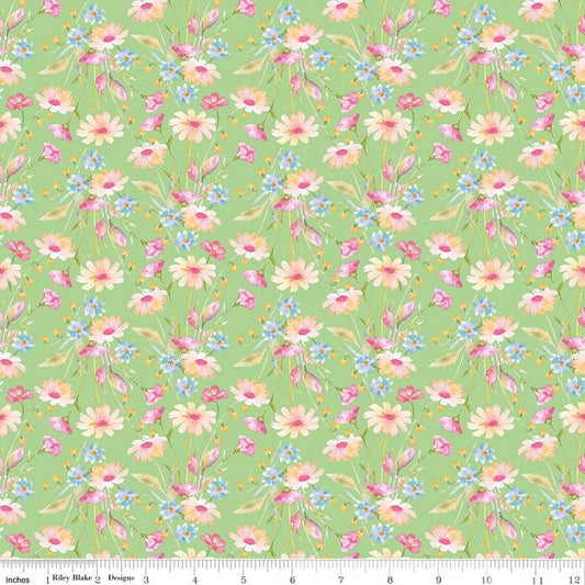 Image of Painted Petals Bouquets Green quilting cotton fabric by Lila Tueller for Riley Blake Designs. Features flowers on a green background. Cute Little Fabric Shop.