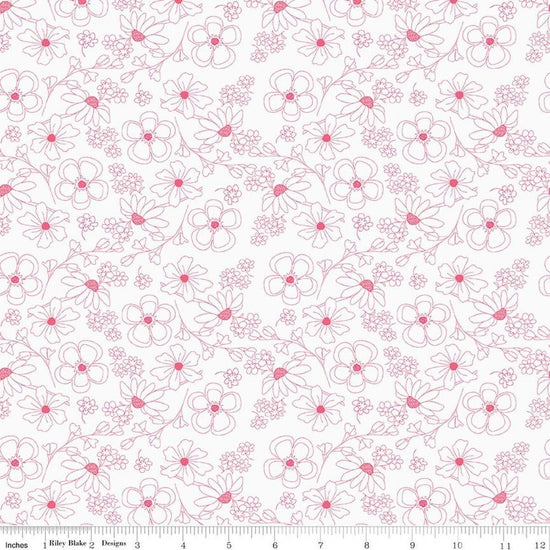 Image of Painted Petals Outlined Flowers White quilting cotton fabric by Lila Tueller for Riley Blake Designs. Features flowers on a white background. Cute Little Fabric Shop.